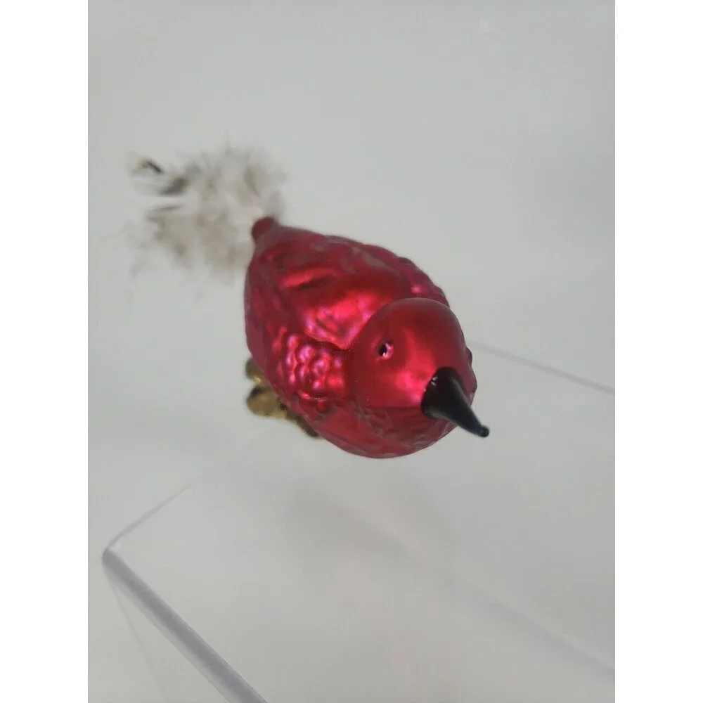 Vintage Blown Glass Red Bird Feather Tail Spring Clip Legs Classic Rare Uncommon